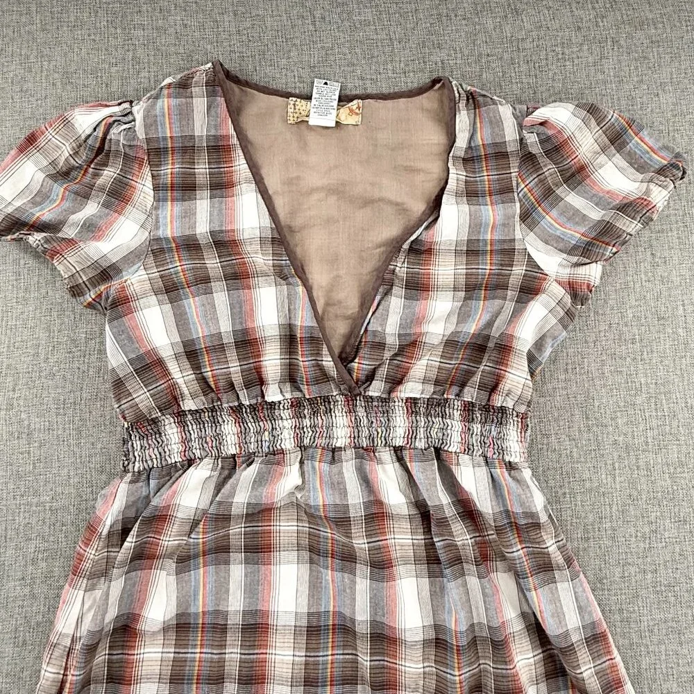 Billabong Vintage Plaid Dress Lined Low V-Neck Short Sleeve 100% Cotton Large - Picture 2 of 14